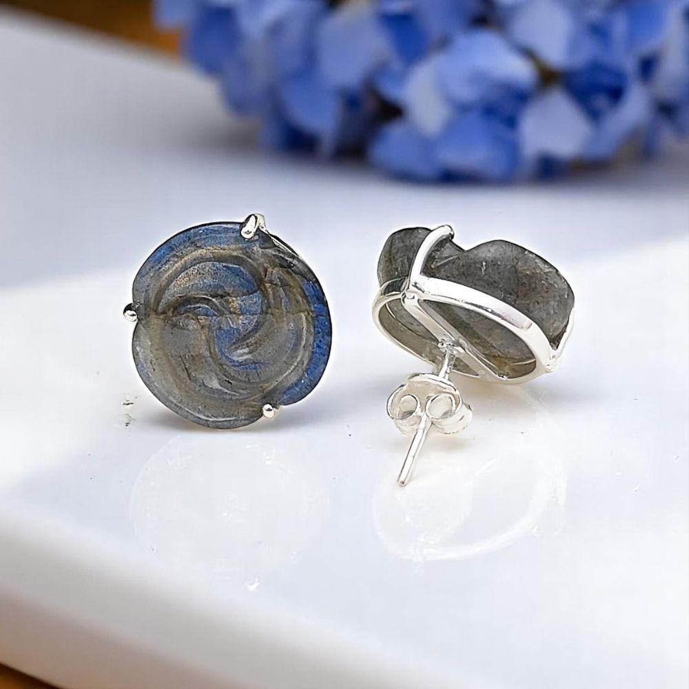 Handmade 925 Sterling Silver Labradorite Stud Earrings Rose Flower Design Unique Gemstone Gift- Selling by Pair