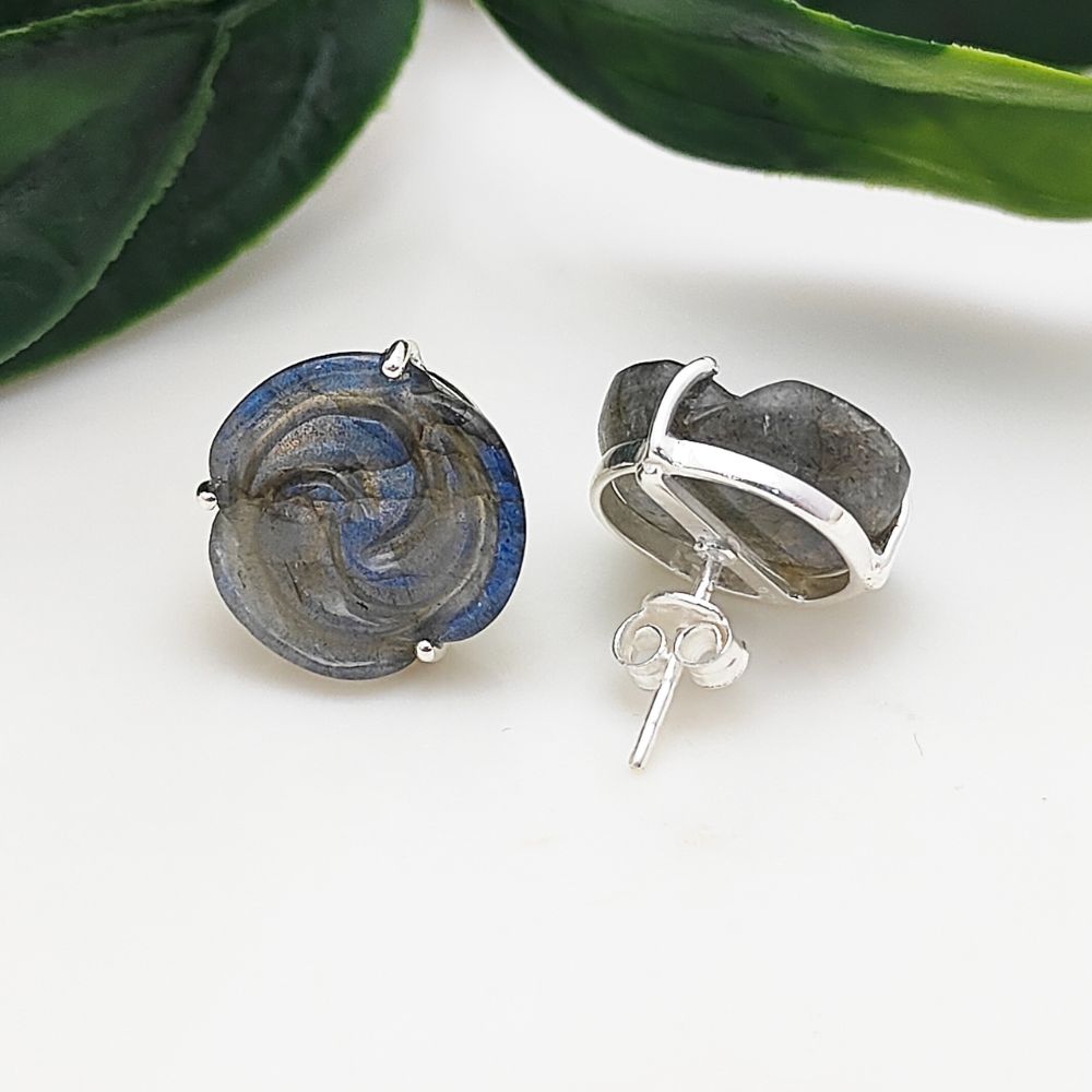 Handmade 925 Sterling Silver Labradorite Stud Earrings Rose Flower Design Unique Gemstone Gift- Selling by Pair