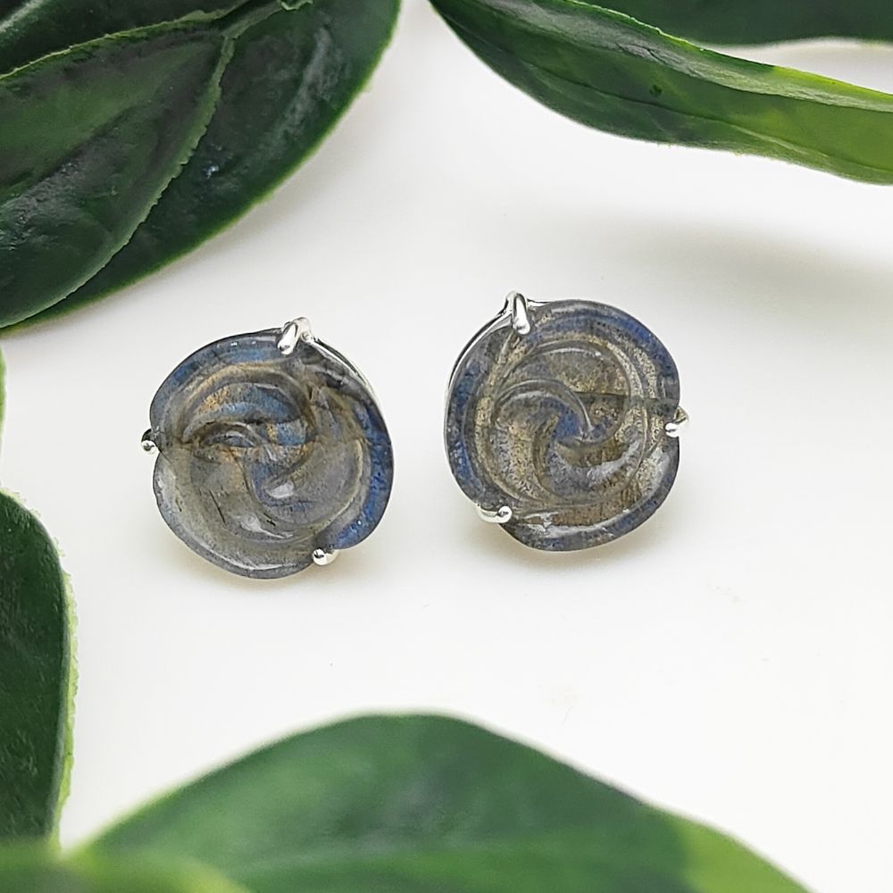 Labradorite Floral Stud Earrings – Handmade Rose Design in 925 Sterling Silver, Gift for Her (Pair)