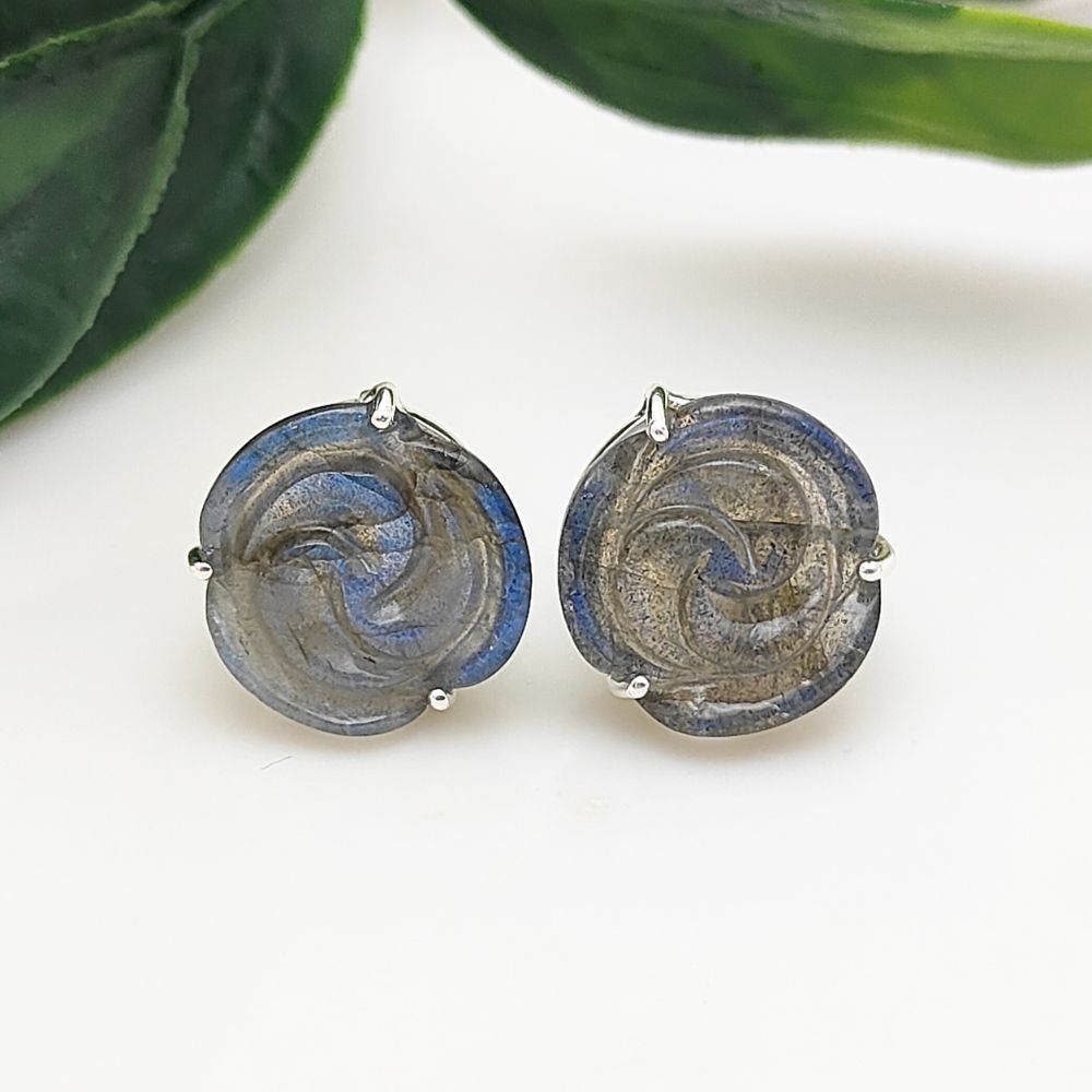 925 Silver Rose Stud Earrings – Natural Labradorite Gemstone, Handcrafted Floral Jewelry (Pair)