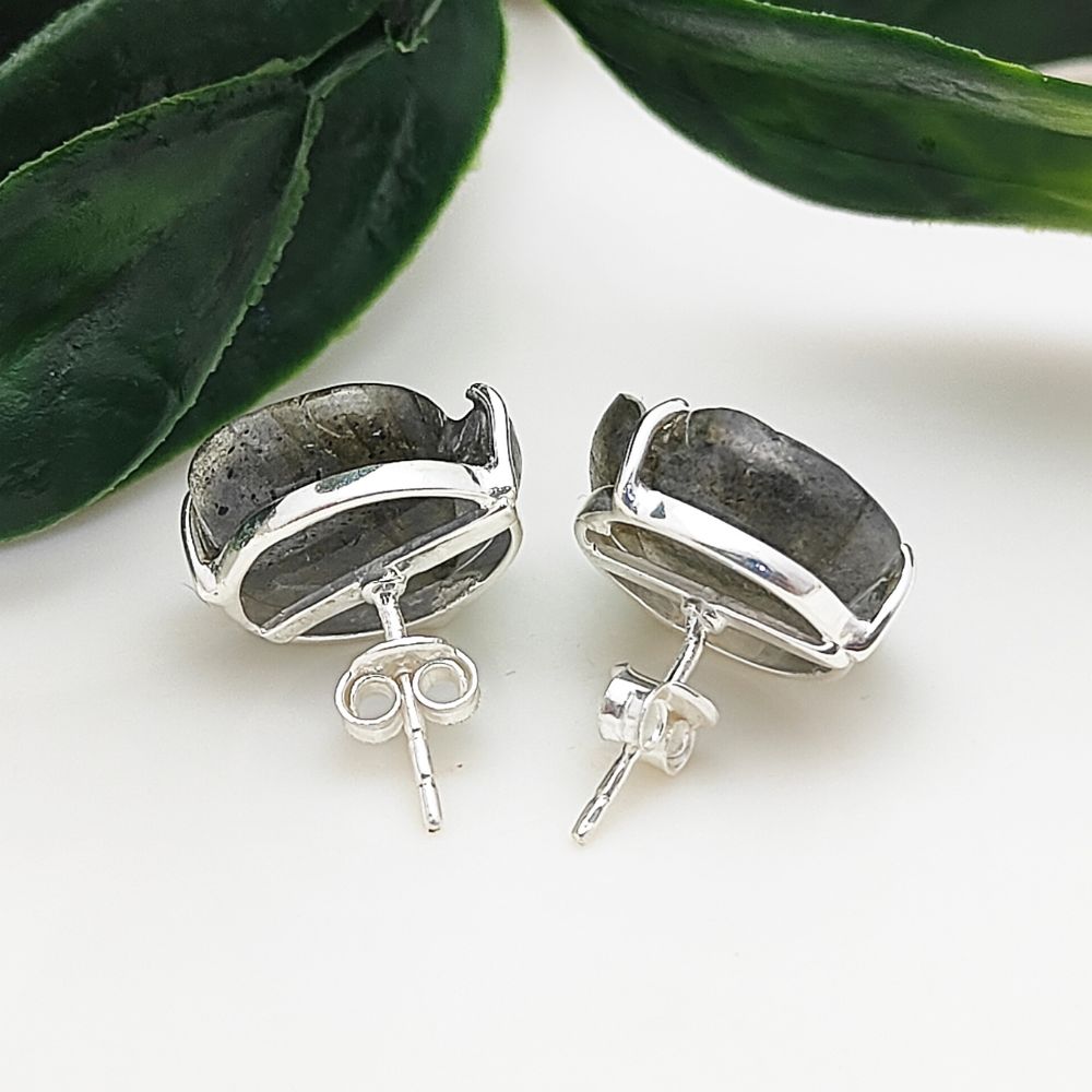 Unique Labradorite Gemstone Studs – Rose Flower in 925 Silver, Handmade Earrings (Pair)