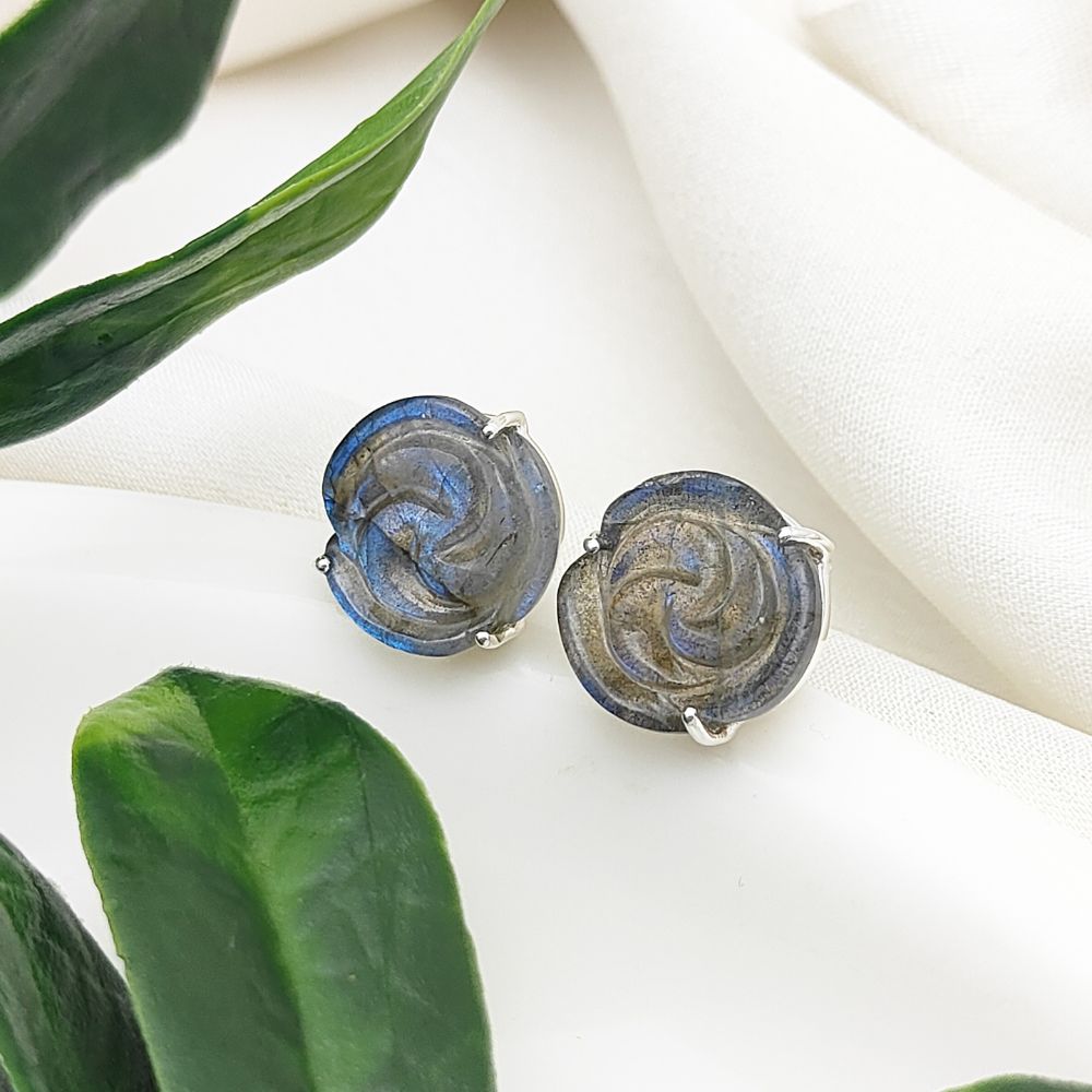 Sterling Silver Labradorite Stud Earrings – Handcarved Rose Flower, Artisan Gemstone Jewelry (Pair)