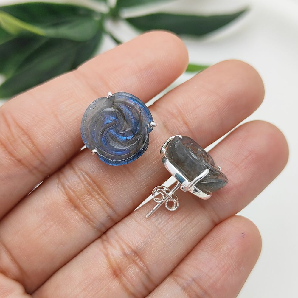 Labradorite Rose Earrings – Handcrafted Floral Studs in 925 Silver, Unique Gift Jewelry (Pair)