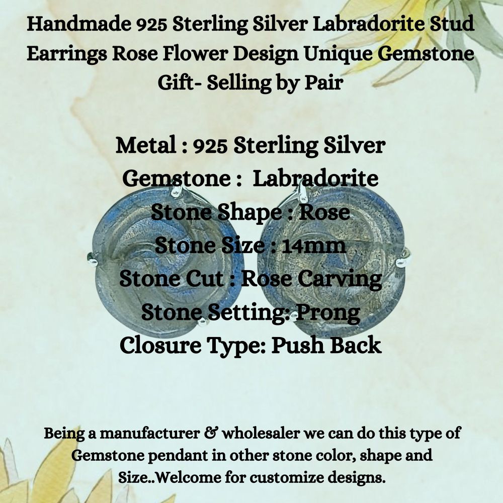 Handmade Labradorite Flower Stud Earrings – 925 Sterling Silver Rose Design, Sold as a Pair