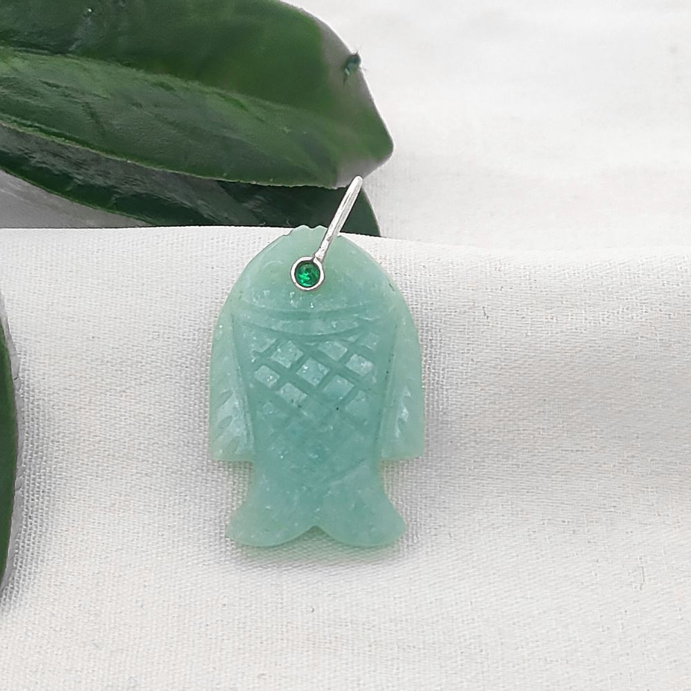 Handmade Amazonite Gemstone Fish Pendant Hand Carved Crystal Charm with Gold Plated 925 Sterling Silver Bail