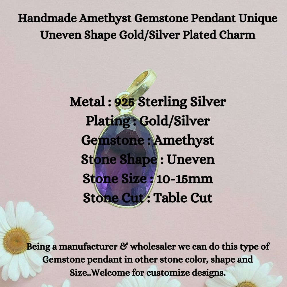 Handmade Amethyst Gemstone Pendant Unique Uneven Shape Gold/Silver Plated Charm