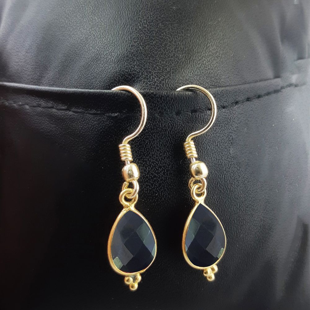 Minimalist Black Onyx Dangle Earrings – Bezel Set Gold Plated Elegant Jewelry for Women