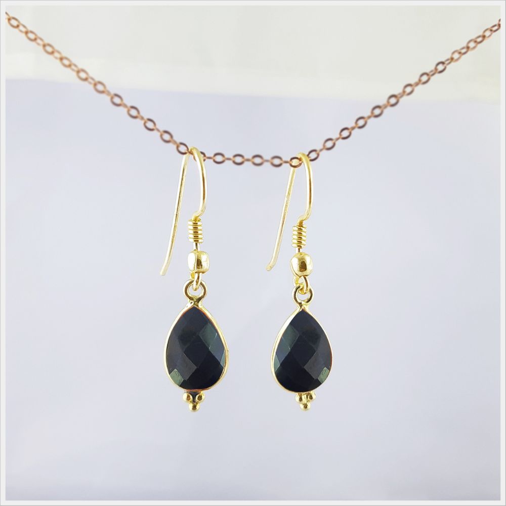 Dainty Black Onyx Gemstone Earrings – Handmade Gold Plated Teardrop Jewelry