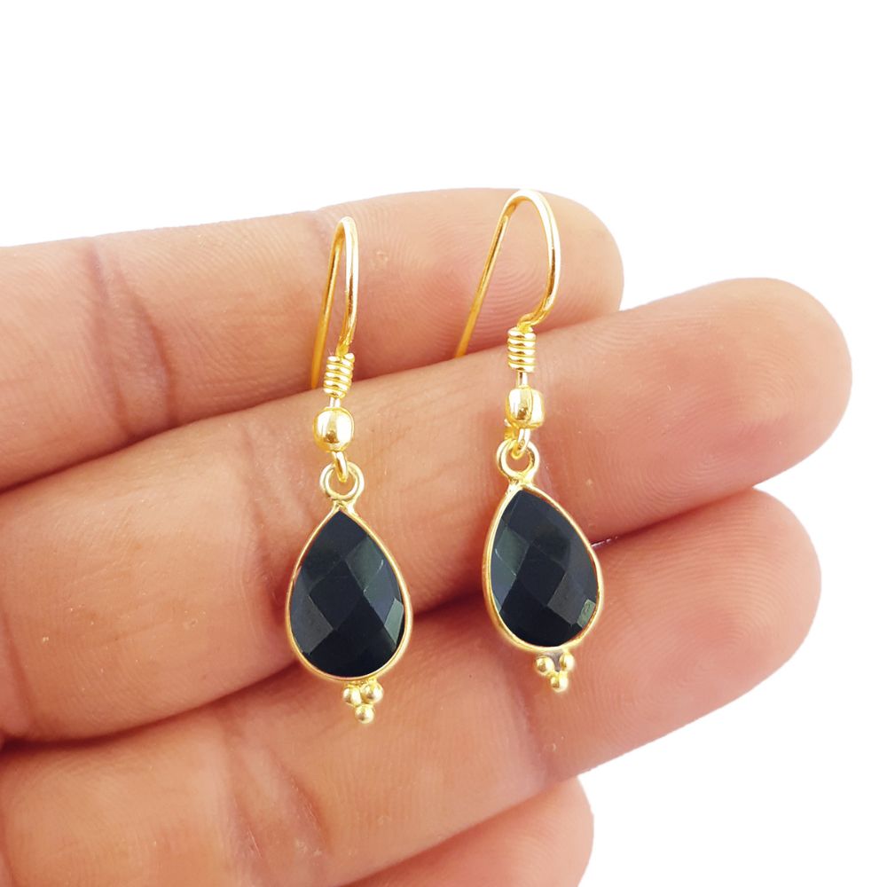 Perfect Gift for Women – Handmade Black Onyx Teardrop Earrings with Gold Plated Finish