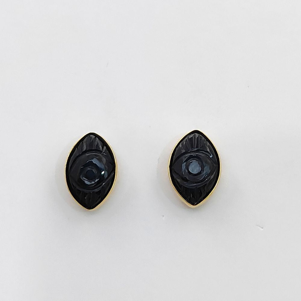 Handmade Black Tourmaline Evil Eye Stud Earrings Marquise Shape Gold Vermeil Healing Jewelry Gift- Selling Per Pair