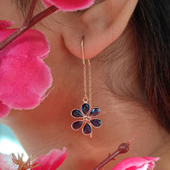 Handmade Blue CZ Threader Earrings Pear Cut Drop Earrings in Rose Gold Plated Sterling Silver