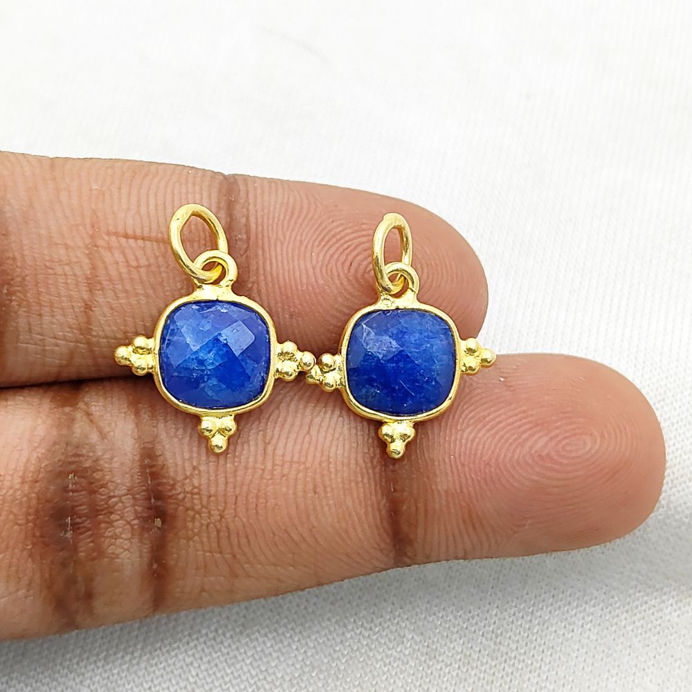 Handmade Blue Sapphire Pendant 8mm Cushion Cut Gold Plated Sterling Silver Charm
