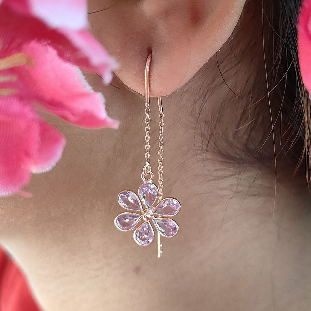 Chic Handmade Pink CZ Threader Earrings | Dainty Pear Shape in Rose Gold Plated 925 Sterling Silver