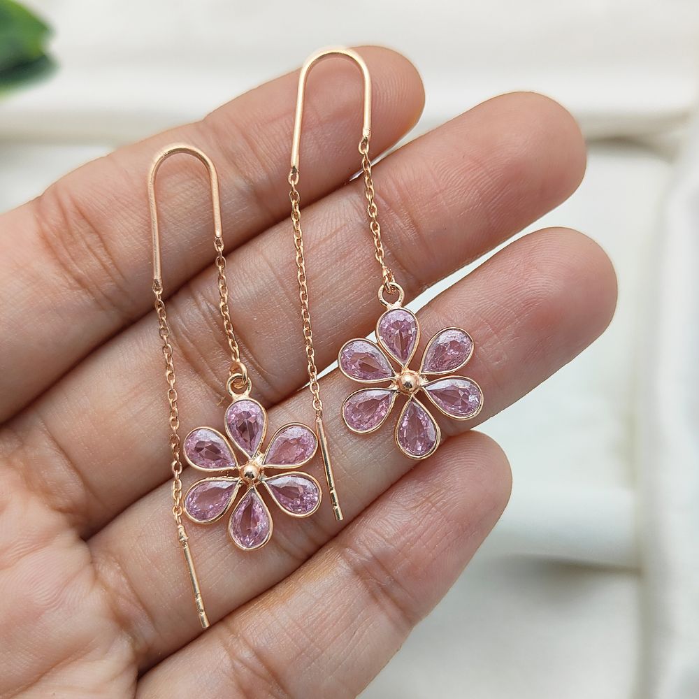 Rose Gold Plated 925 Sterling Silver Pink CZ Threader Earrings | Handmade Pear Shape Design