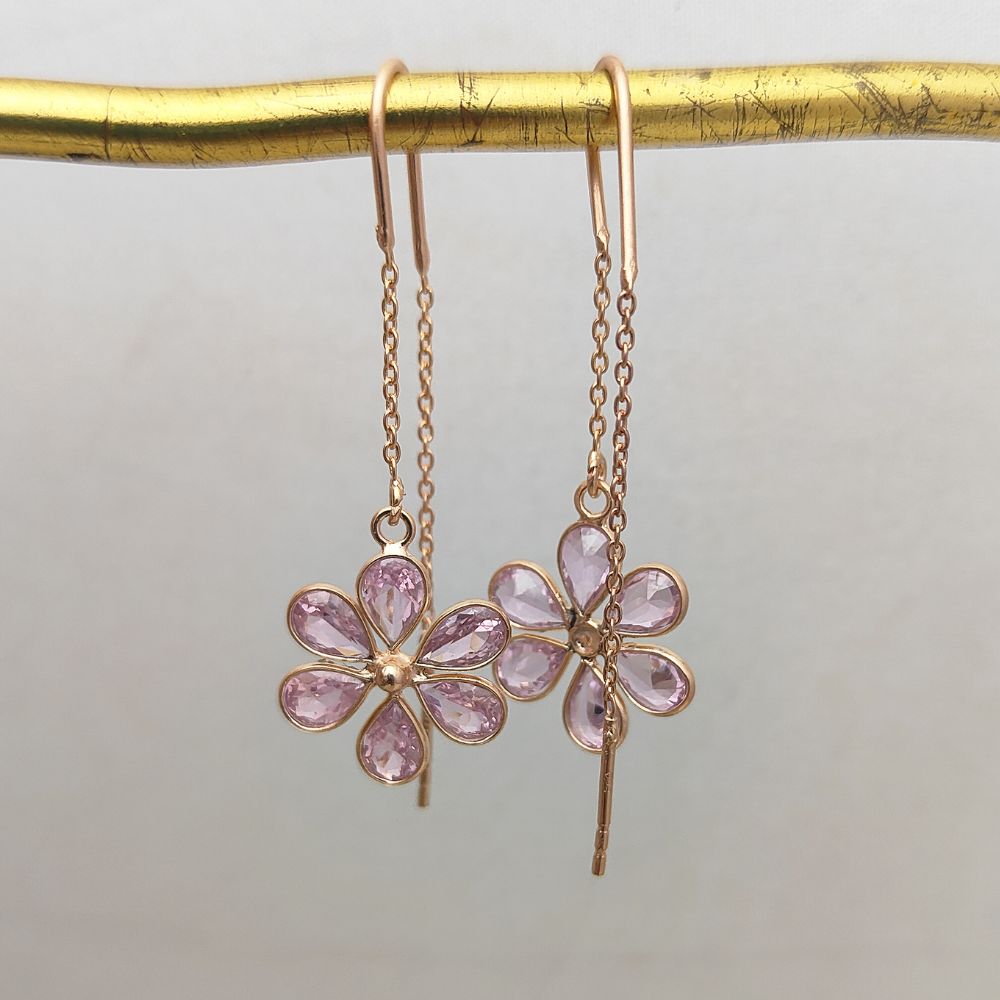 Pink CZ Threader Earrings | Dainty Pear Cut in Rose Gold Plated 925 Sterling Silver