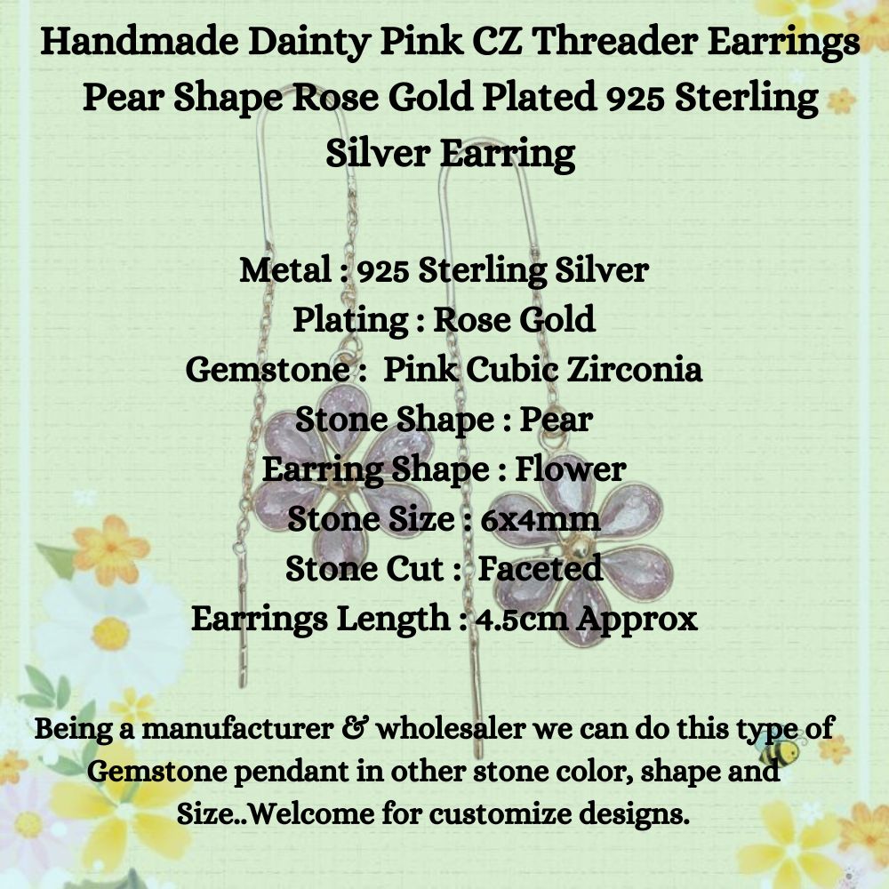 Handcrafted Dainty Pink CZ Threader Earrings | Pear Cut in Rose Gold Plated 925 Sterling Silver