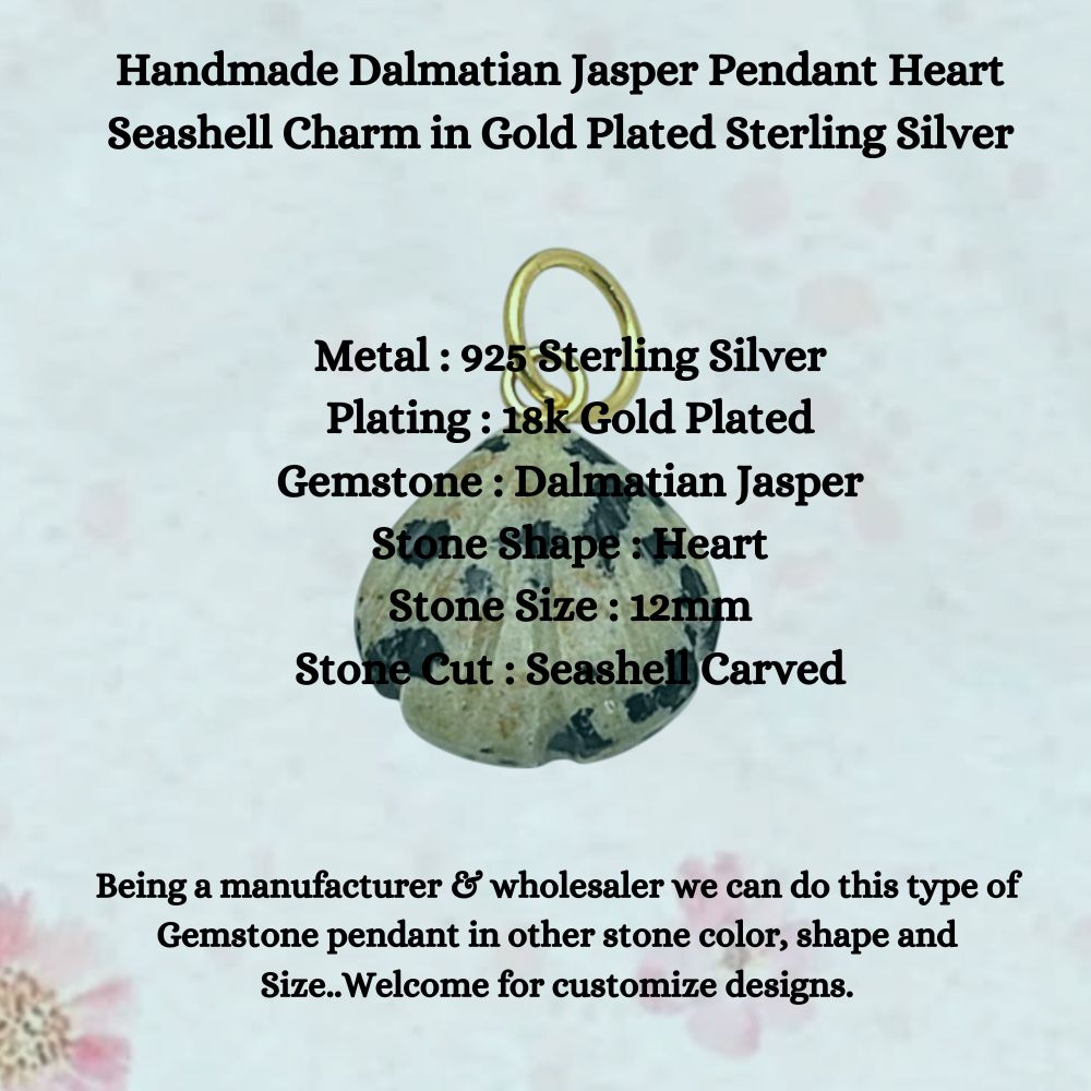 Unique Dalmatian Jasper Pendant – Heart Shaped Seashell Charm in Gold Plated Sterling Silver