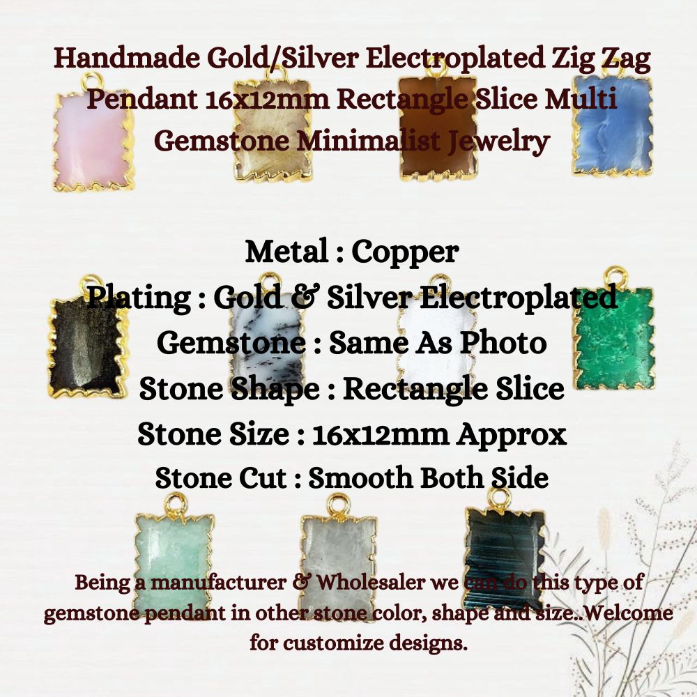 Handmade Gold/Silver Electroplated Slice Zig Zag Pendant 16x12mm Rectangle Multi Gemstone Minimalist Jewelry For Women- Selling Per Piece