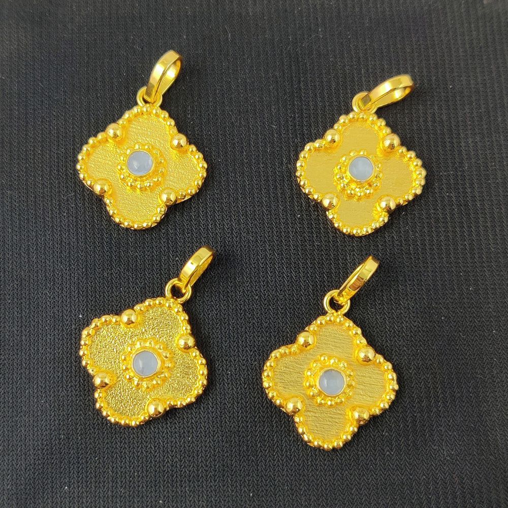 Handmade Gold Plated Clover Charm Pendant Round Cabochon Blue Chalcedony Gemstone Necklace Handmade Jewelry For Gift- Selling/Piece