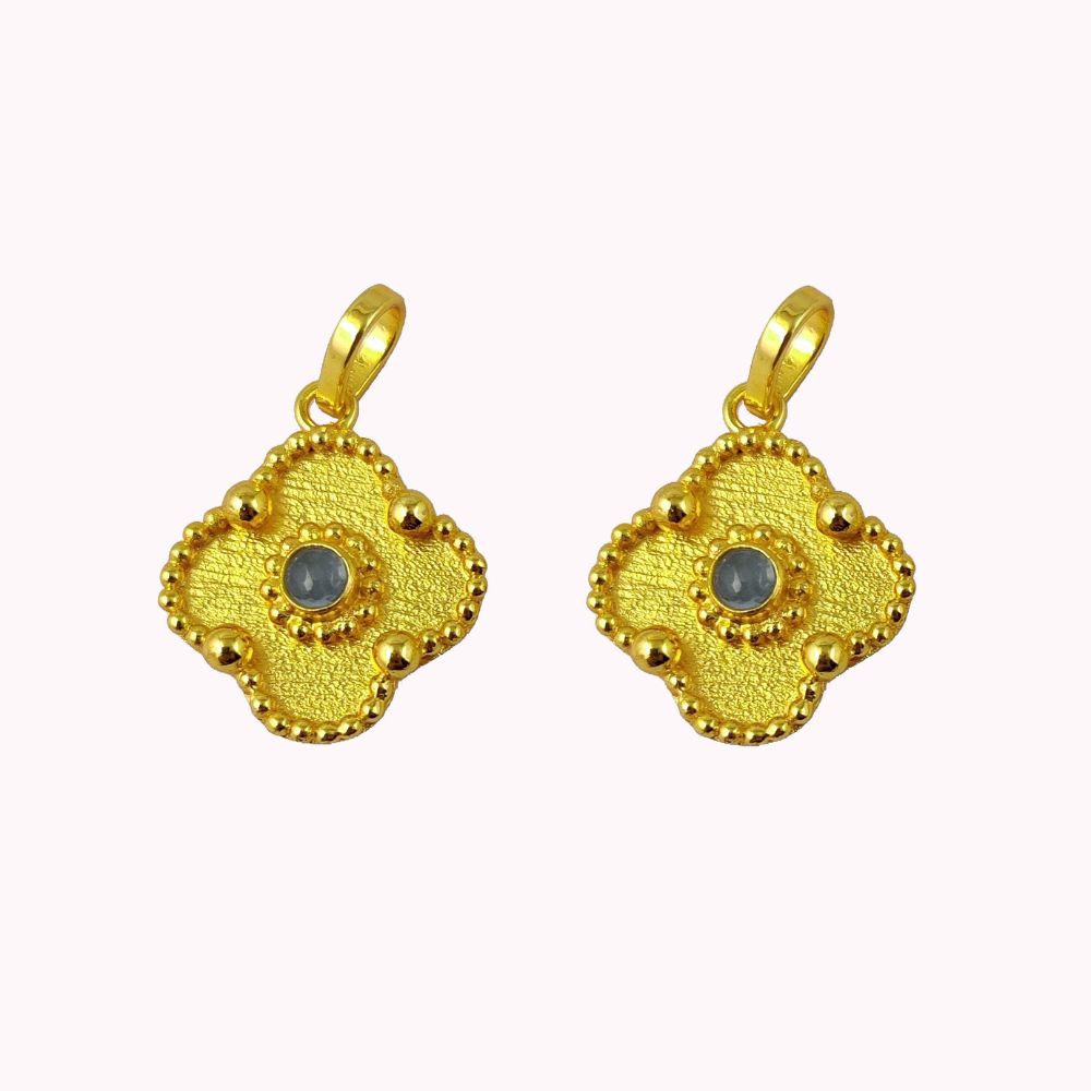 Gold Plated Round Cab Gemstone Clover Pendant Minimalist Birthstone Handmade Jewelry for Women- Selling Per Piece