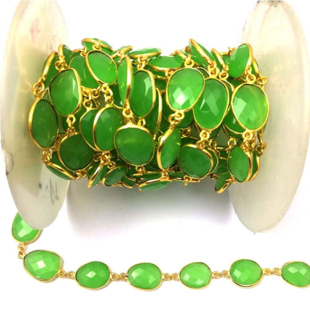 DIY Jewelry Supply Green Chalcedony Chain – Gold Plated Faceted Connector Links