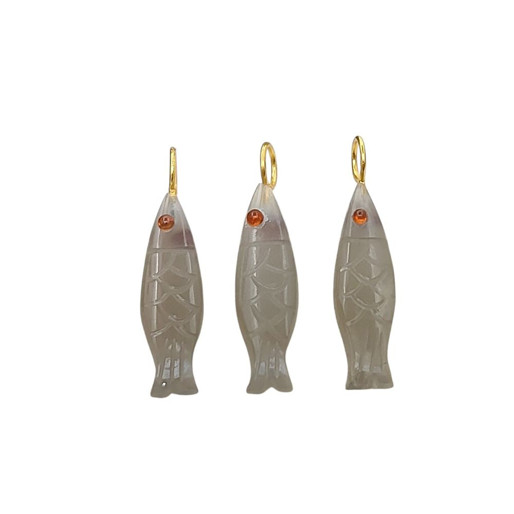 Handmade grey moonstone carved fish pendant in 925 sterling silver