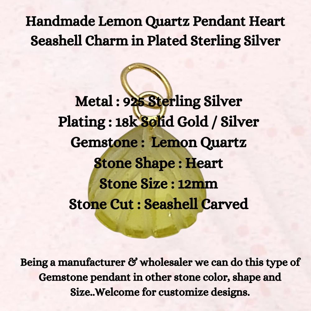 Lemon Quartz Heart Pendant with Seashell Charm – Sterling Silver Plated