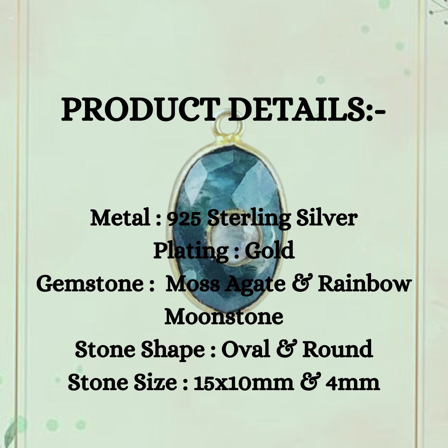 Beautiful Gold-Plated Silver Moss Agate & Rainbow Moonstone Pendant Birthstone Handmade Charms- Selling Per Piece