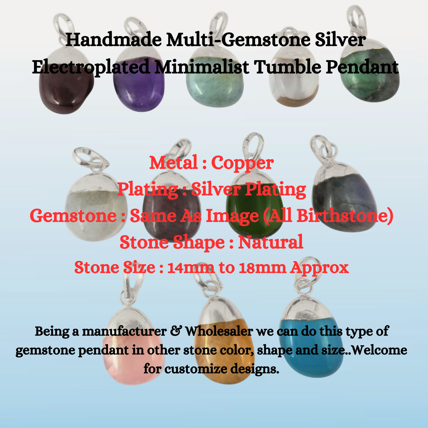 Handmade Multi-Gemstone Tumble Pendant Silver Electroplated Minimalist Birthstone Necklace- Selling Per Piece