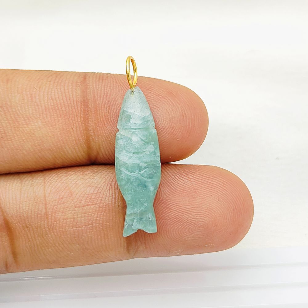 Blue green amazonite carved fish pendant with gold plated bezel