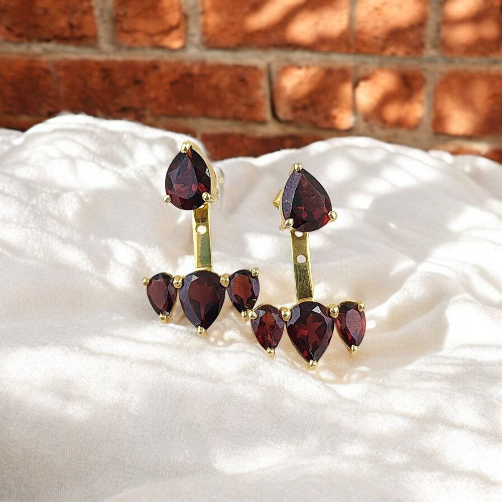 Dainty Garnet Gemstone Earrings – Single Piece Gold Vermeil Ear Jacket