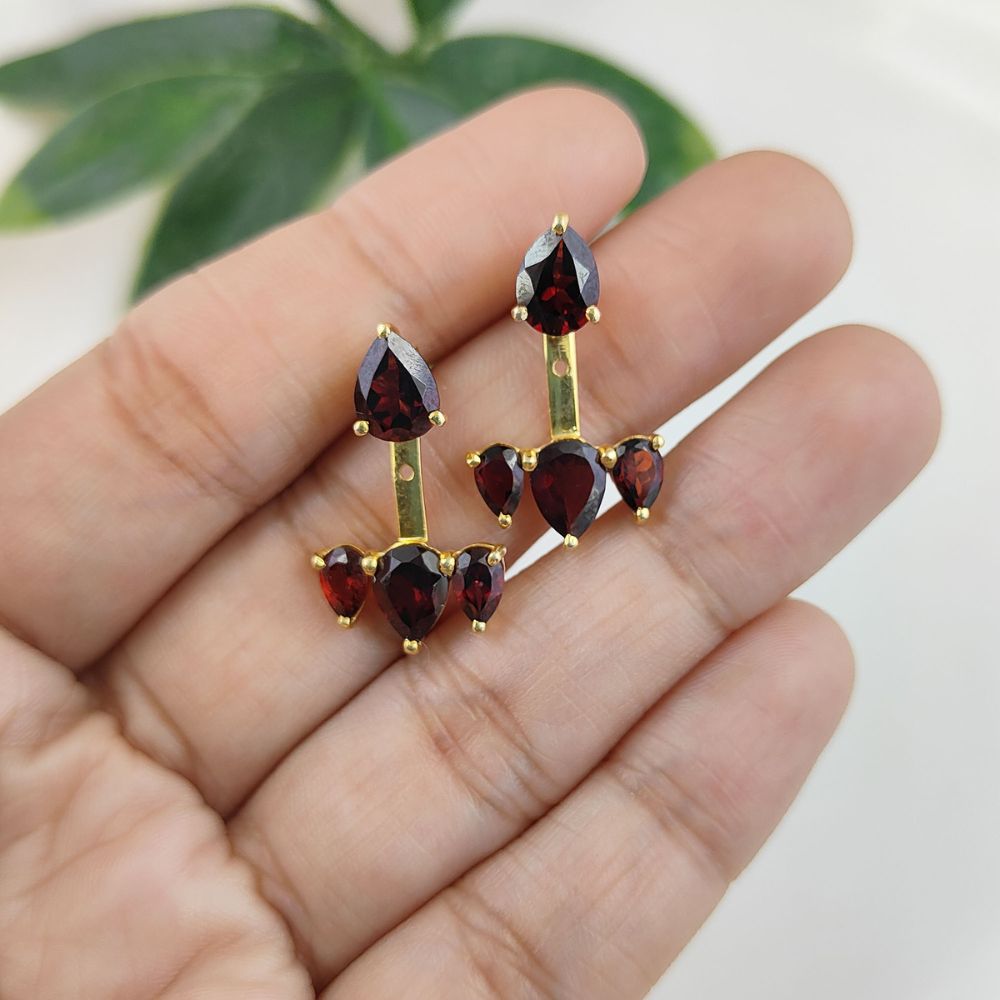 Handmade Natural Red Garnet Ear Jacket Gold Vermeil Sterling Silver Elegant Earrings Minimalist Jewelry for Her- Selling/Pair