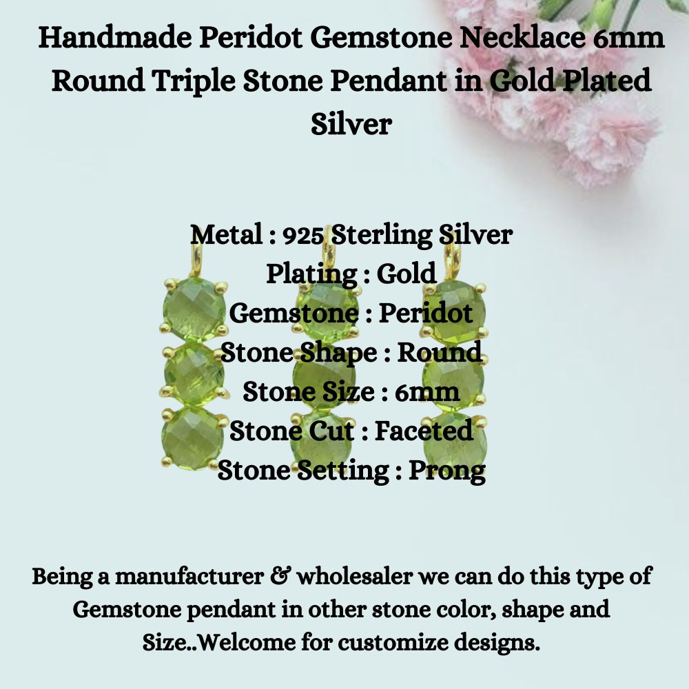 Triple stone peridot pendant in gold plated sterling silver
