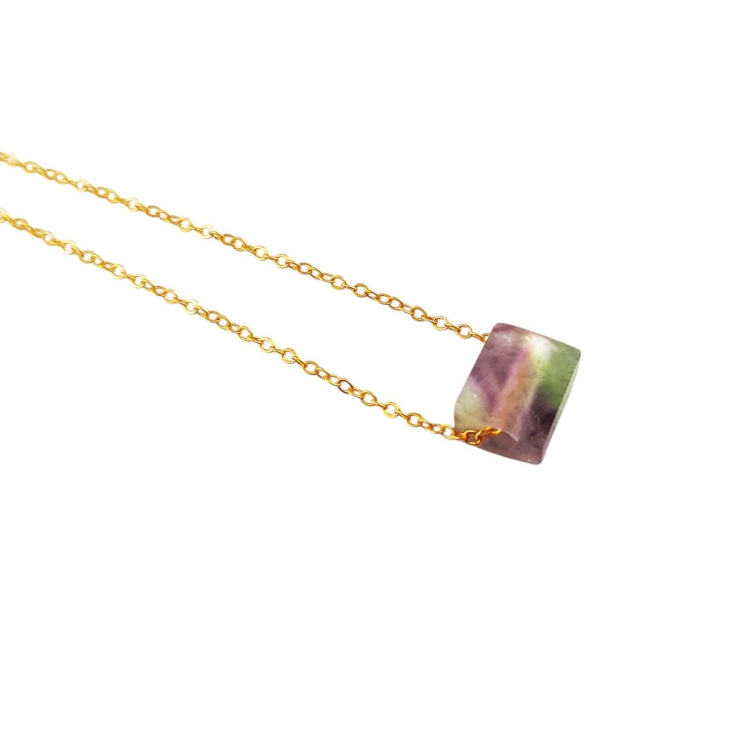 Handmade Rainbow Fluorite Necklace – Gold Plated Adjustable Chain