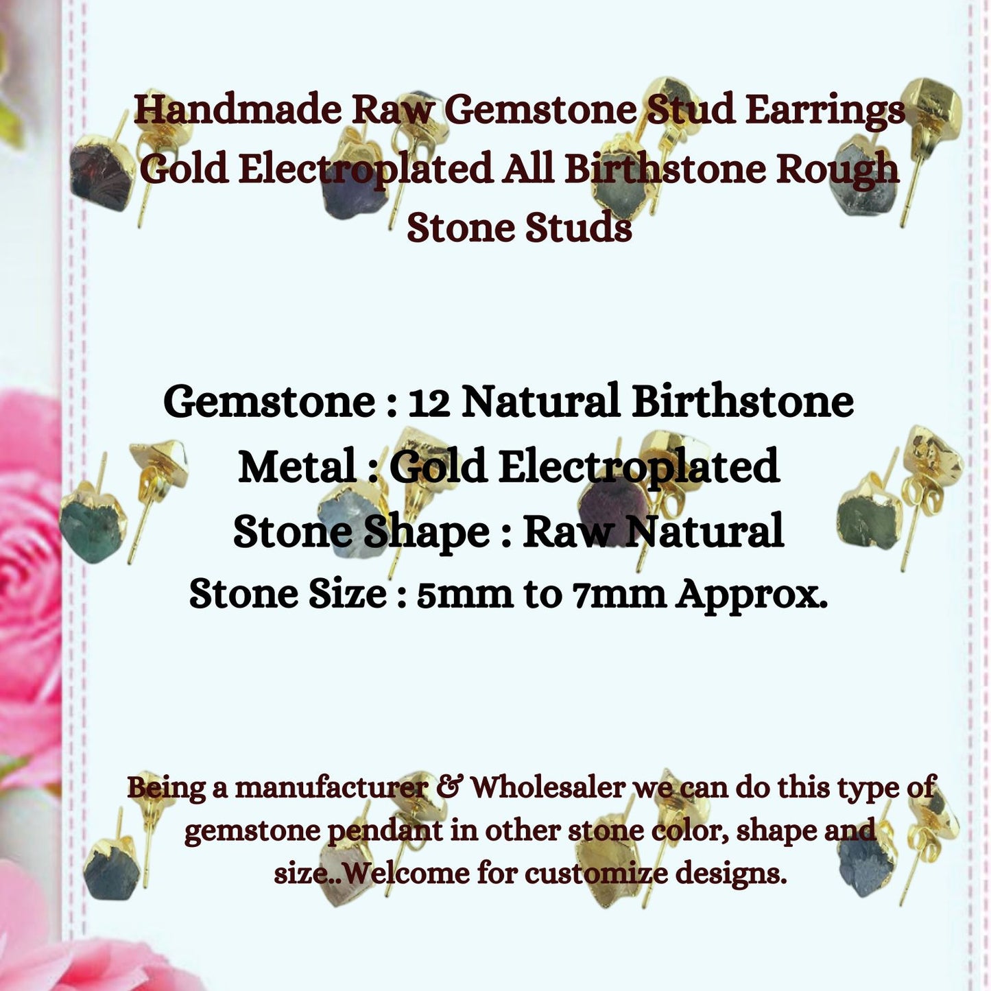Handmade Raw Gemstone Stud Earrings Gold Electroplated All Birthstone Rough Stone Studs Jewelry For Her- Selling Per Piece