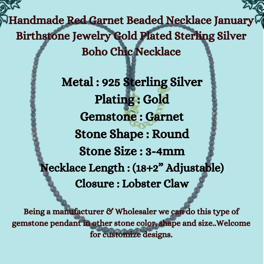 Handmade Red Garnet Beaded Necklace January Birthstone Jewelry Gold Plated Sterling Silver Boho Chic Necklace (18+2 Inch Adjustable Chain) - Selling/Piece