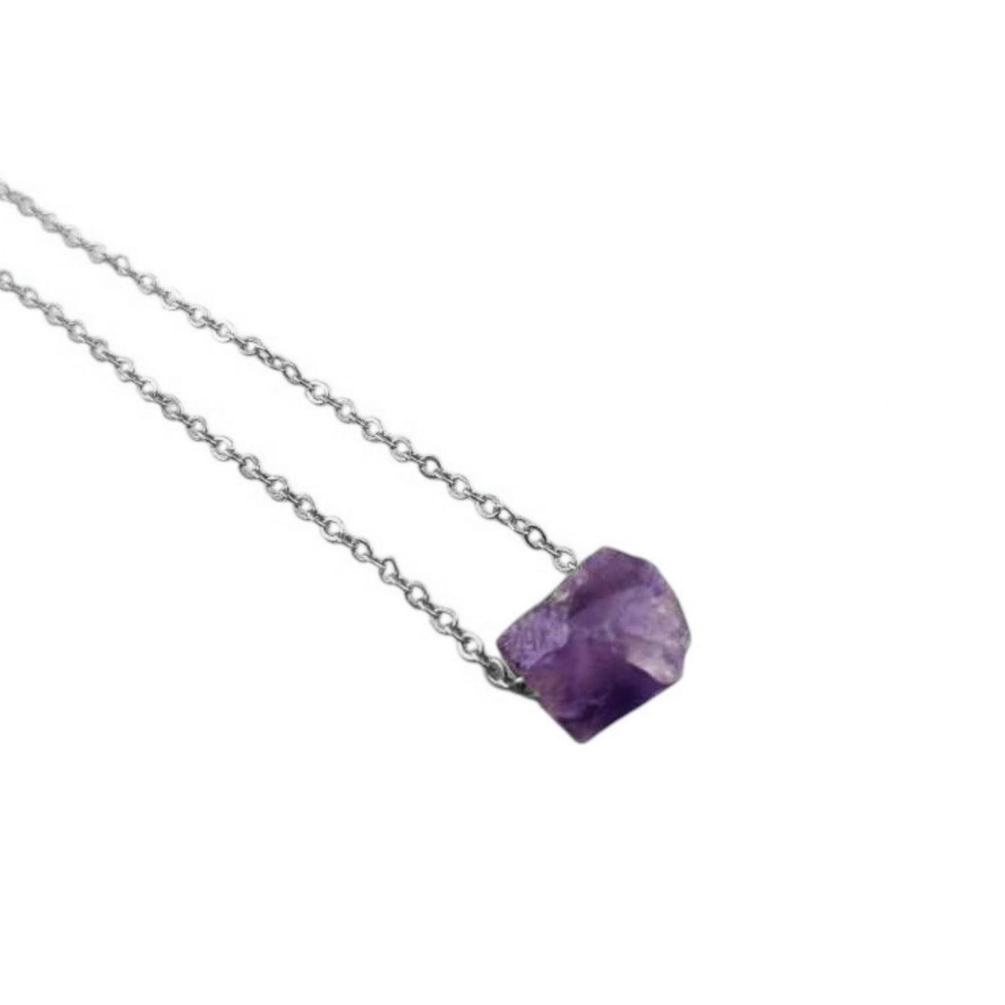 Natural raw amethyst necklace with silver plated adjustable chain