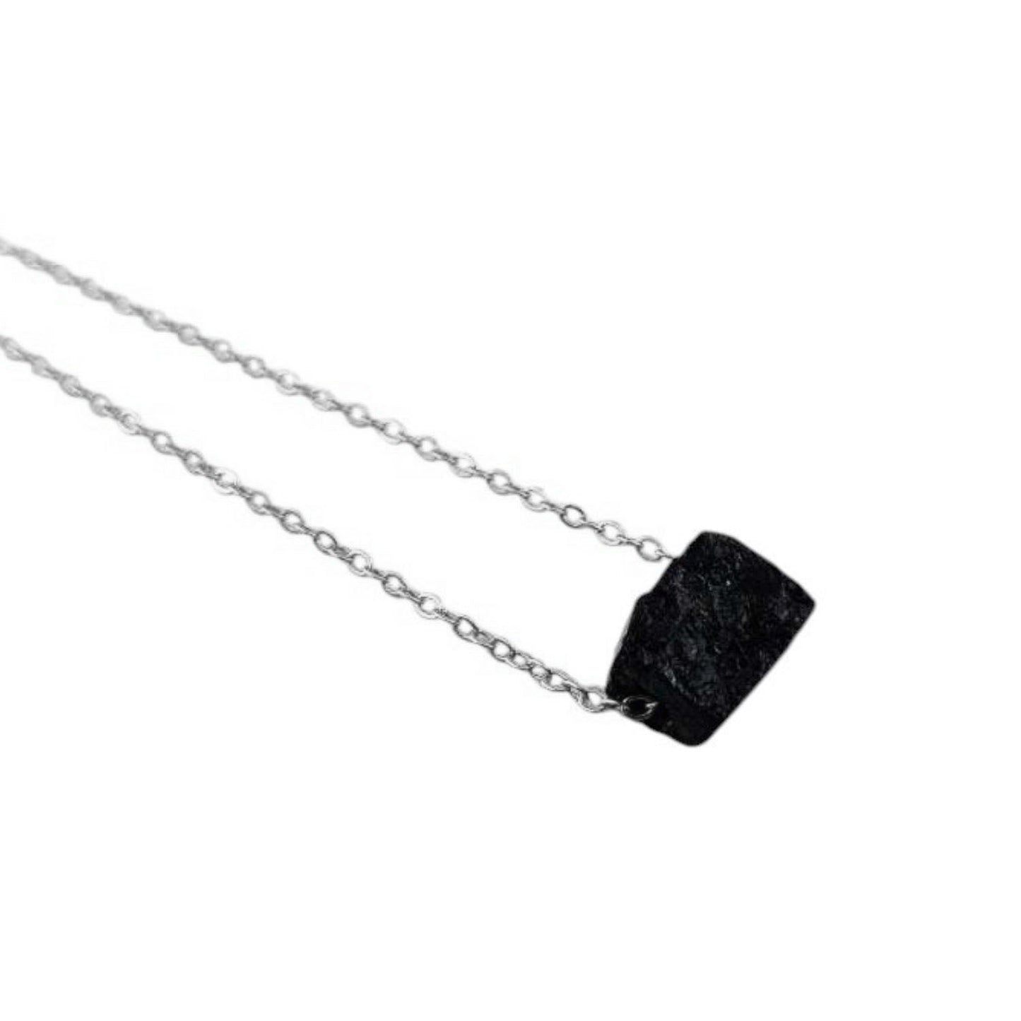 Raw black tourmaline gemstone necklace with silver plated adjustable chain