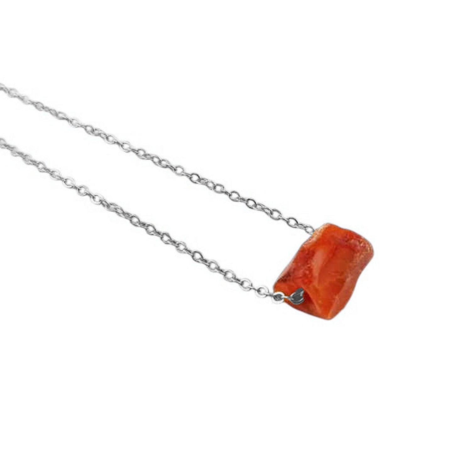 Raw orange carnelian healing necklace with silver plated chain