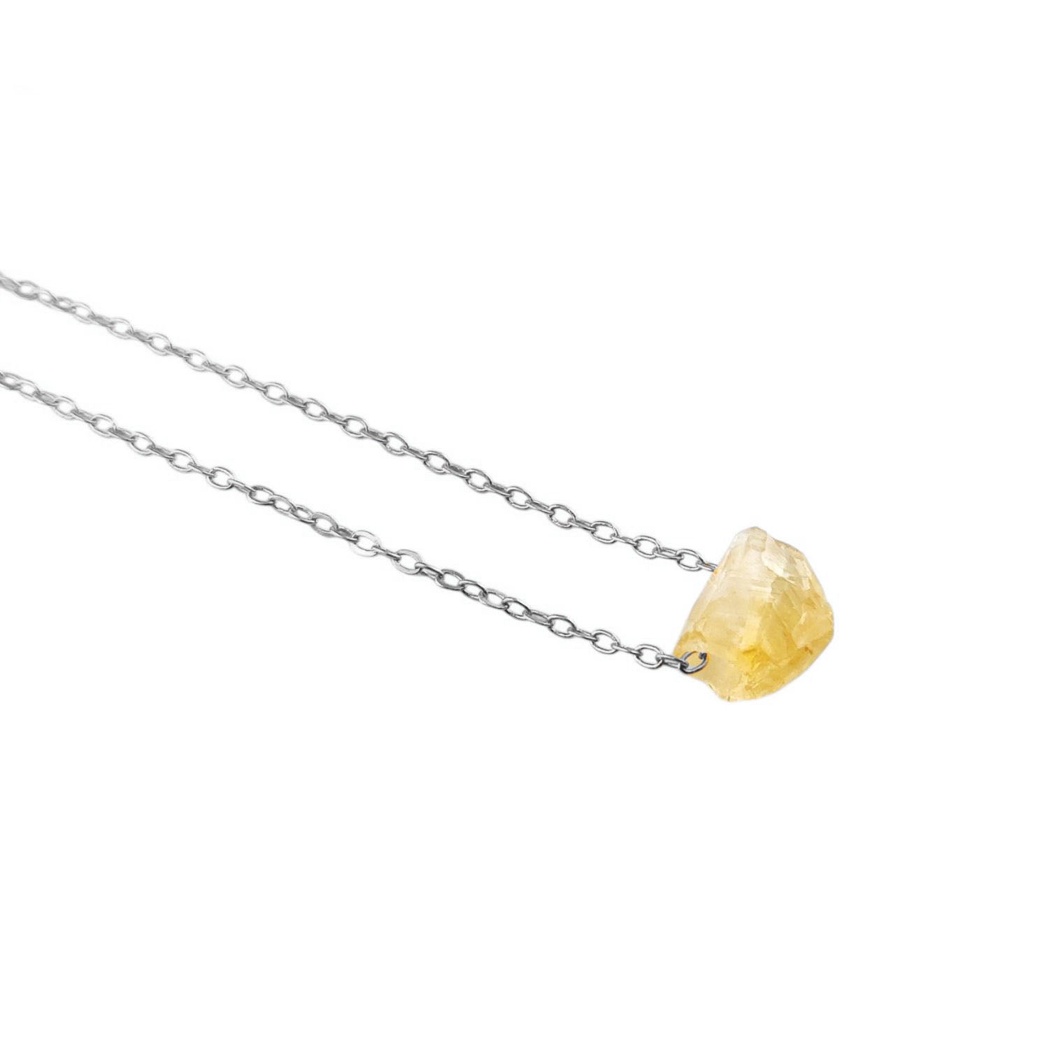 Citrine crystal necklace with yellow stone and silver plated adjustable chain