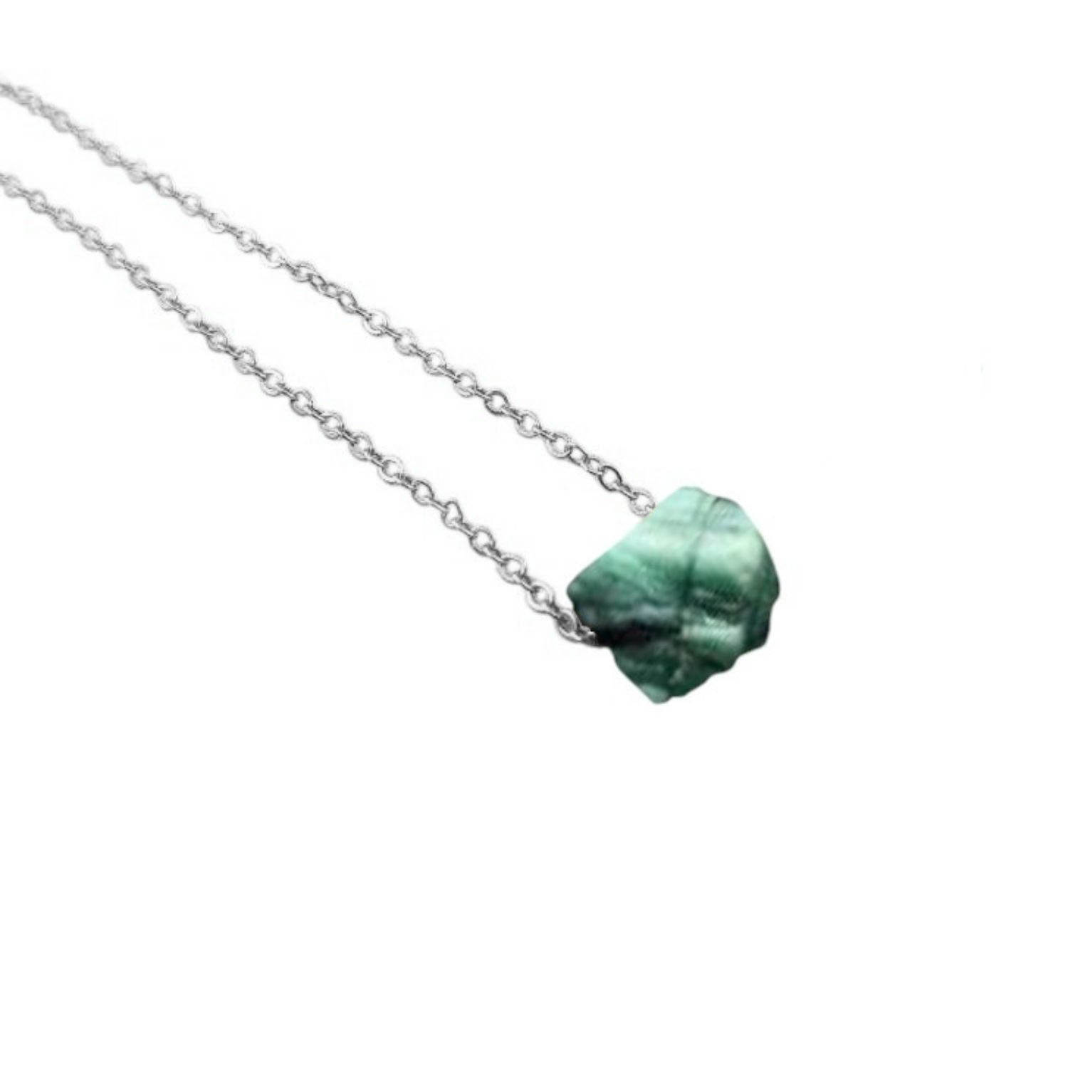 Boho emerald necklace with natural stone and silver plated adjustable chain
