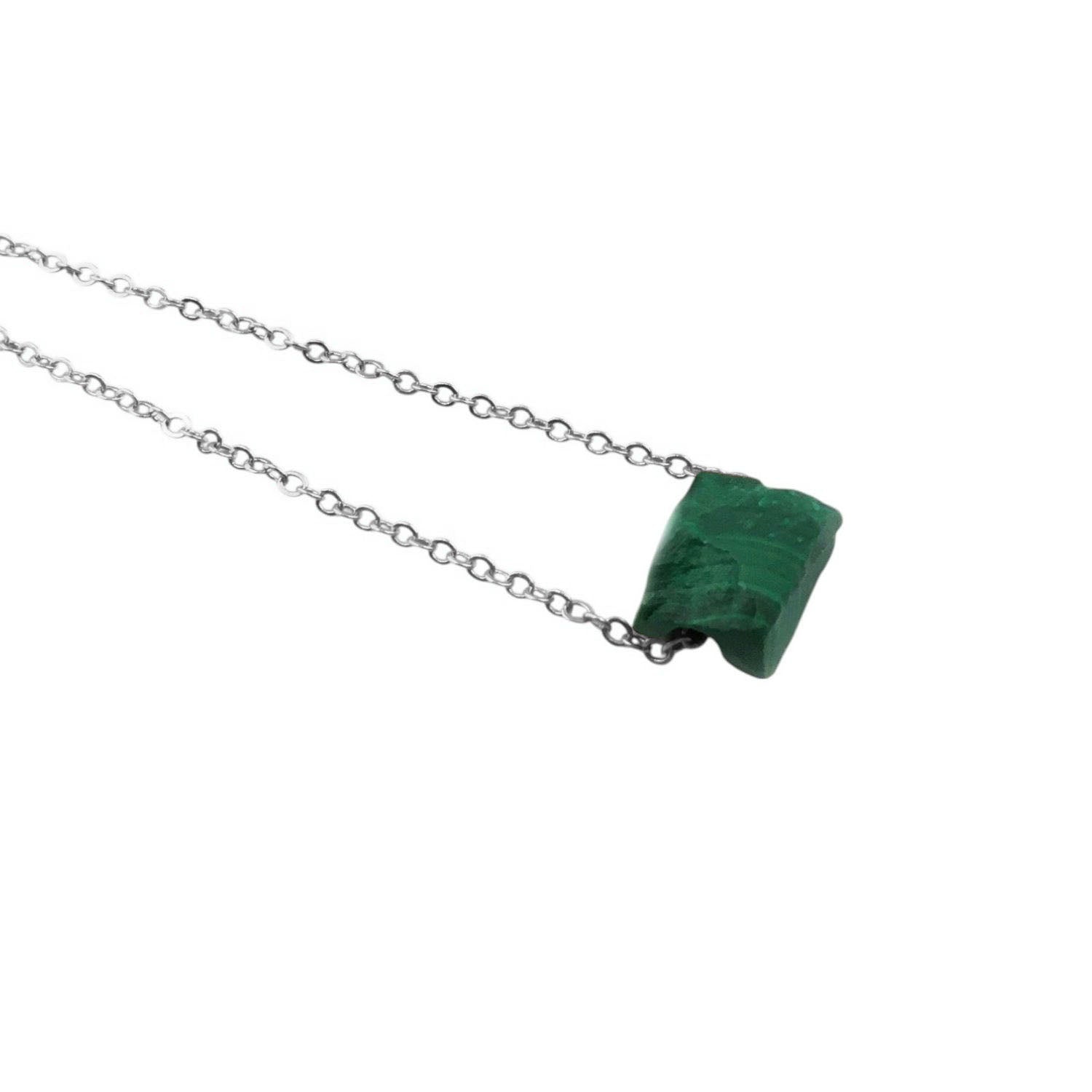 Raw malachite necklace with silver plated adjustable chain healing crystal jewelry