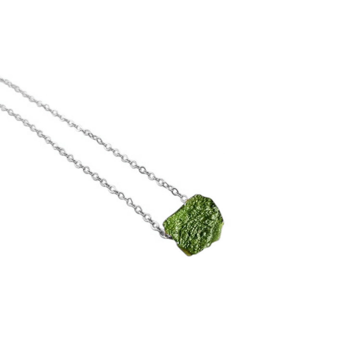 Moldavite healing gemstone necklace with silver plated adjustable chain