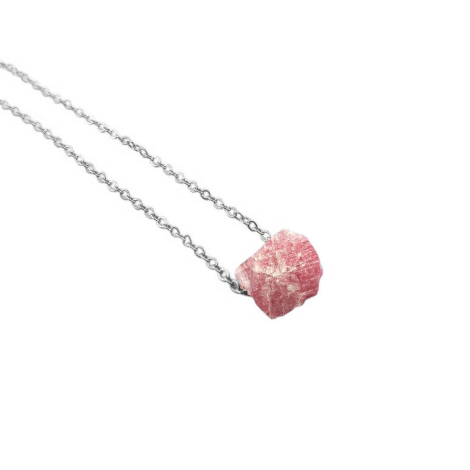 Boho pink tourmaline necklace with silver adjustable chain