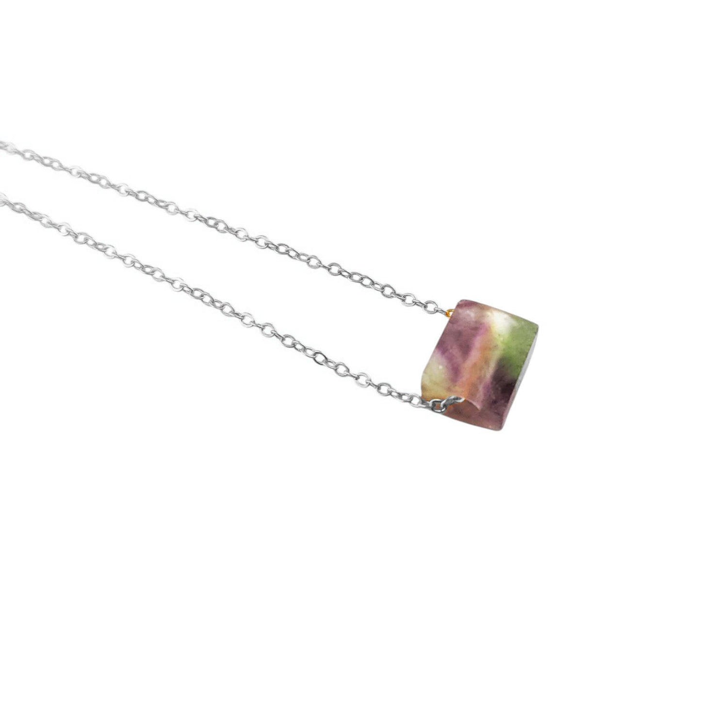Raw rainbow fluorite colorful crystal necklace with silver plated chain