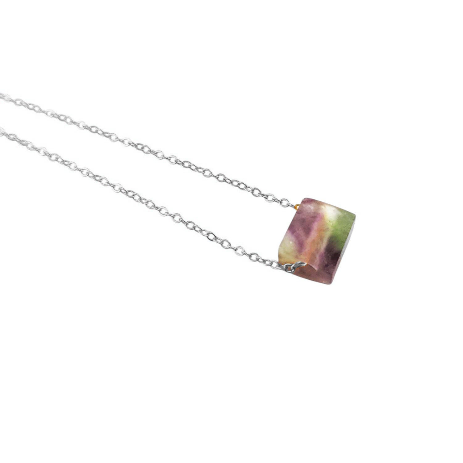Raw rainbow fluorite colorful crystal necklace with silver plated chain