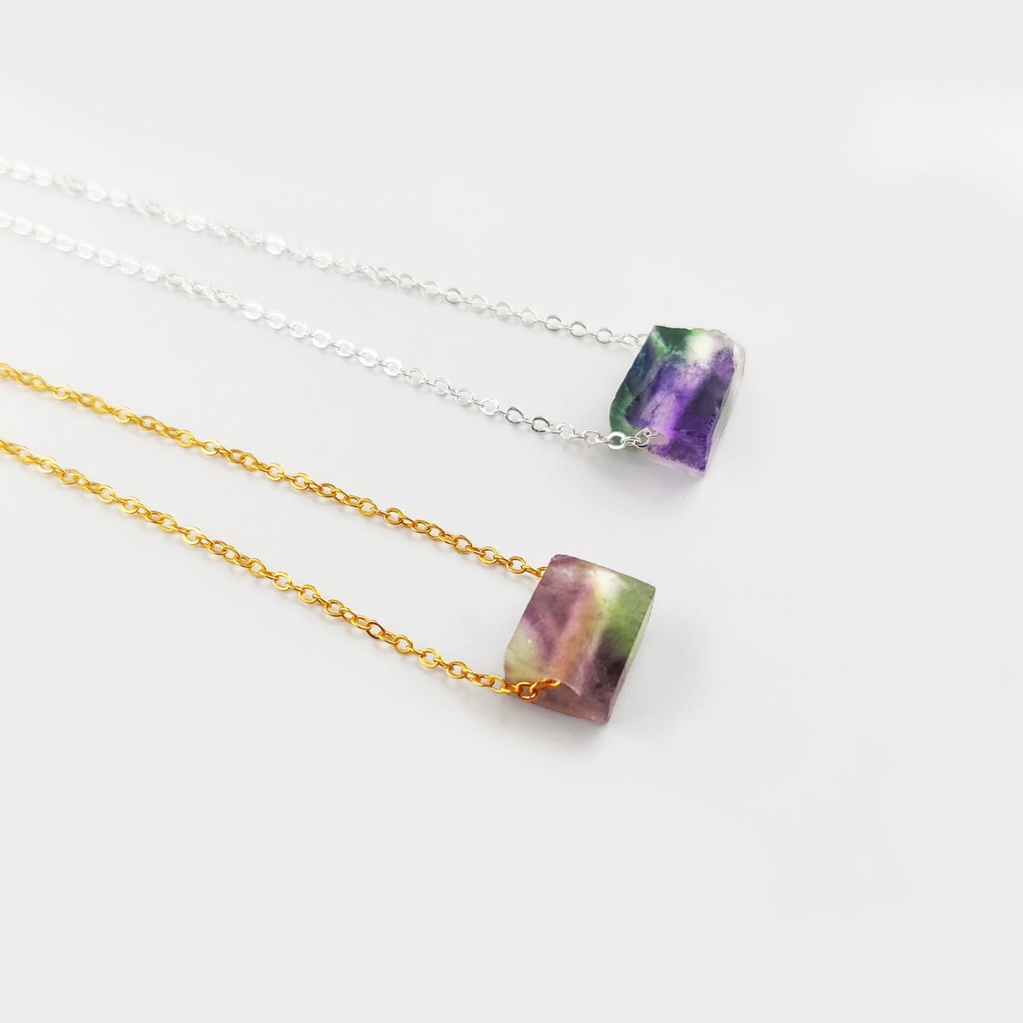 Raw Rainbow Fluorite Colorful Crystal Gemstone Necklace Silver Plated Jewelry