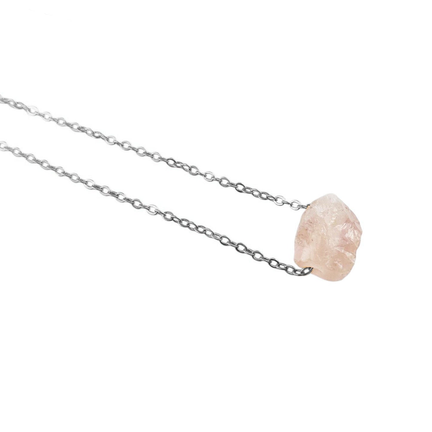 Raw rose quartz birthstone necklace handmade with silver plated chain
