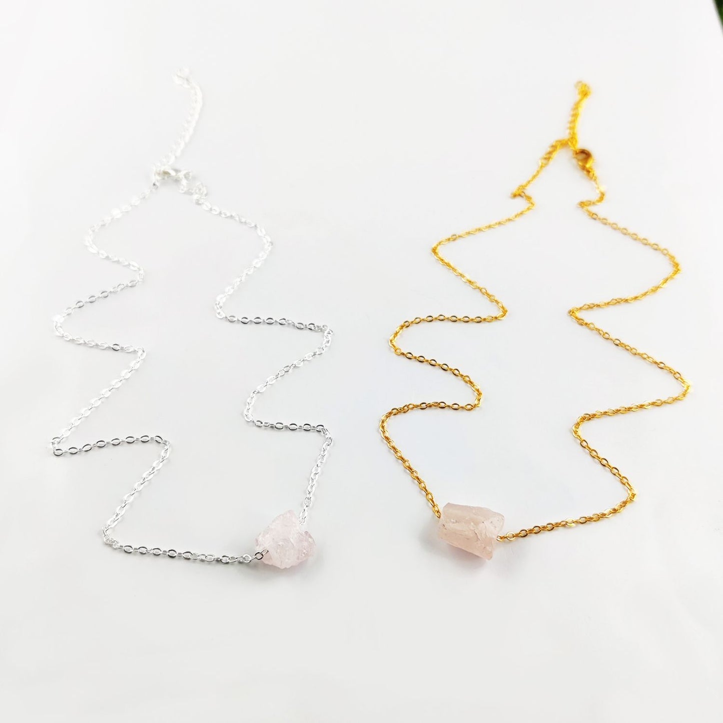 Raw Rose Quartz Birthstone Necklace Handmade Pink Crystal Jewelry with Silver Plated Chain