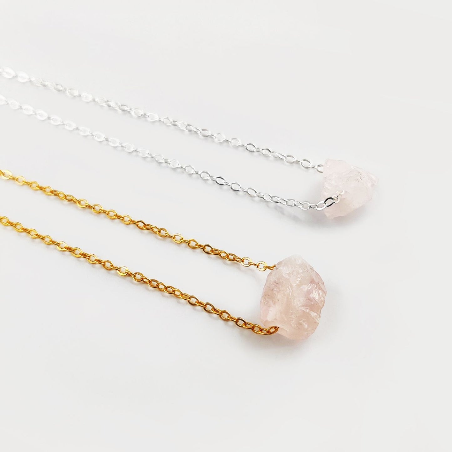 Raw Rose Quartz Birthstone Necklace Handmade Pink Crystal Jewelry with Silver Plated Chain